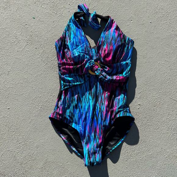 Spanx Wavelength blue one piece halter swimsuit shaping slimming Size 10 - Picture 2 of 7